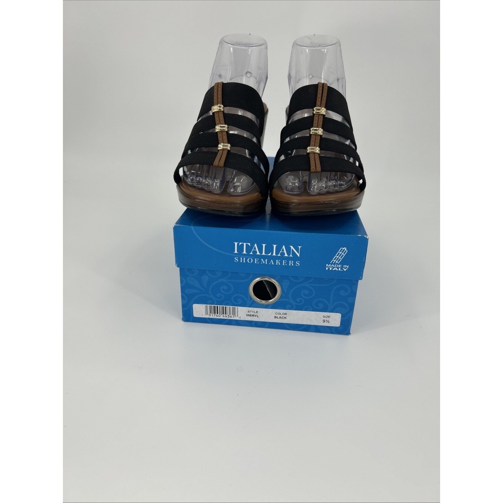 Italian Shoemakers Meryl Black Brown Multi Strap Block Heel Slide Sandals 9.5